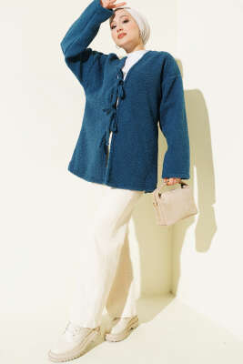 Pazarium - İp Bağlama Detaylı Ceket İndigo