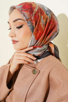 Pazarium - Desenli Dijital Baskılı Eşarp Siyah Oranj