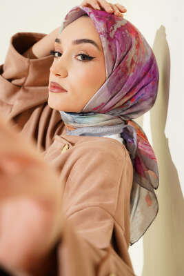 Pazarium - Desenli Dijital Baskılı Eşarp Gri