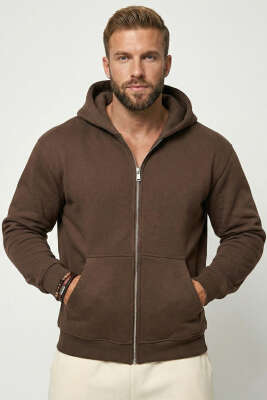 Pazarium - Üç İplik Kapüşonlu Fermuarlı Erkek Hırka Kahve