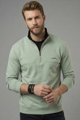 Pazarium - Yaka Fermuarlı İki İplik Erkek Sweatshirt Yeşil