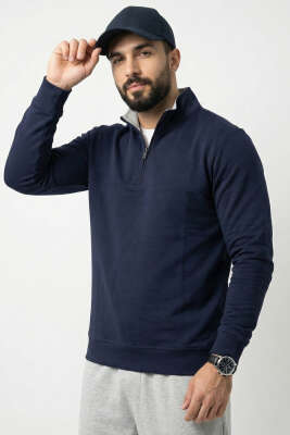 Pazarium - Yaka Fermuarlı İki İplik Erkek Sweatshirt Lacivert