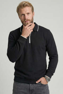 Yarım Fermuarlı Ribanalı Erkek Sweatshirt Siyah - Thumbnail