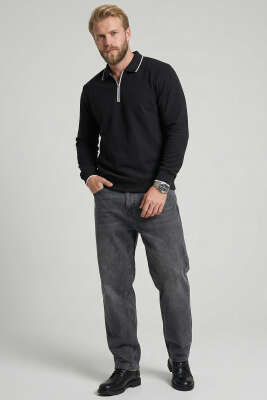 Yarım Fermuarlı Ribanalı Erkek Sweatshirt Siyah - Thumbnail