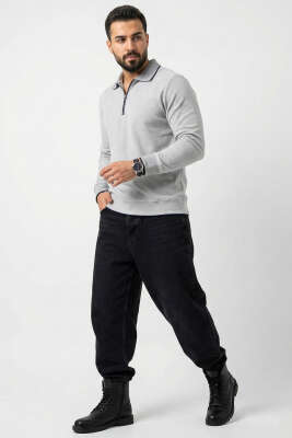 Yarım Fermuarlı Ribanalı Erkek Sweatshirt Gri - Thumbnail