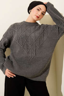 Pazarium - Örgü İşlemeli Triko Kazak Füme