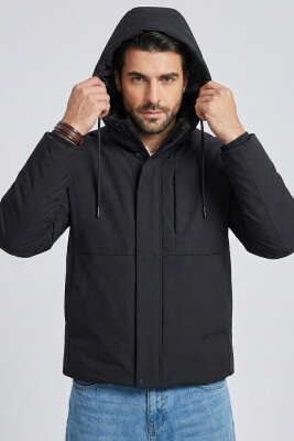 Pazarium - Kapitone Astarlı Kapüşonlu Mont Siyah