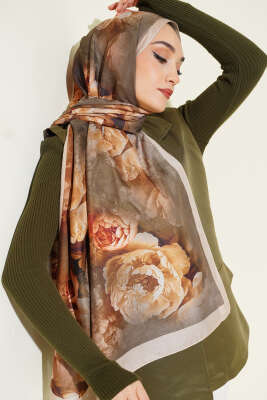 Pazarium - Gül Desenli Soft Şal Bej
