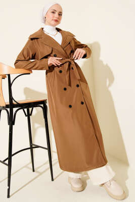 Pazarium - Düğmeli Trençkot Taba