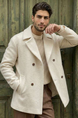 Pazarium - Kruvaze Yaka Oversize Kaşe Erkek Kaban Taş