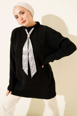 Pazarium - Yaka Fularlı Yumoş Triko Tunik Siyah