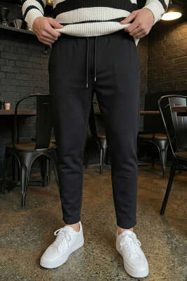 Pazarium - Bel Lastikli Slim Fit Erkek Pantolon Siyah