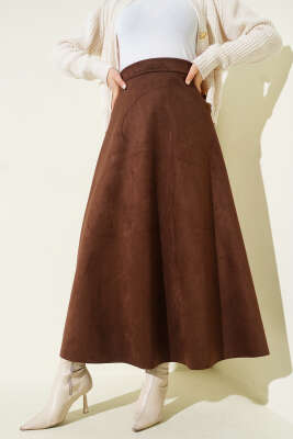Pazarium - Bel Lastikli Süet Kloş Etek Kestane