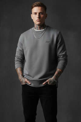 Pazarium - Scuba Bisiklet Yaka Erkek Sweatshirt Füme