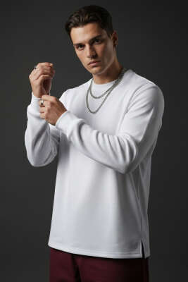 Pazarium - Scuba Bisiklet Yaka Erkek Sweatshirt Beyaz