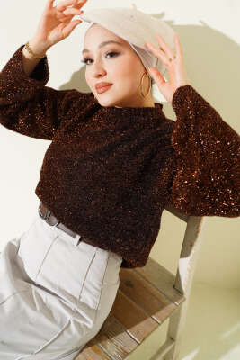 Pazarium - Sakallı Simli Triko Kazak Kahve