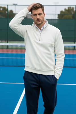 Pazarium - Casual Yaka Yazılı Fermuarlı Erkek Sweatshirt Ekru