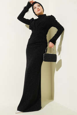 Pazarium - Kol Ucu Tüylü Simli Abiye Elbise Siyah