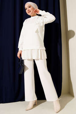 Pazarium - Pileli Gül Aksesuarlı Scuba İkili Takım Beyaz