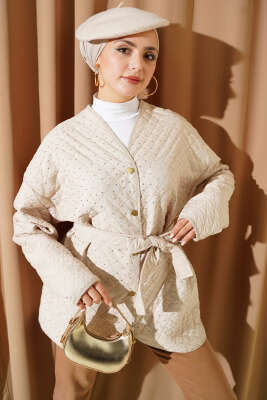 Pazarium - Taş Süslemeli Kapitone Ceket Bej