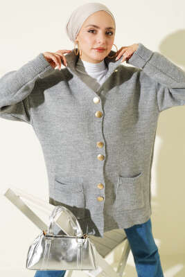 Pazarium - Gold Düğmeli Cepli Triko Hırka Gri