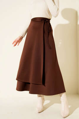 Pazarium - Yanı İp Bağcıklı Scuba Etek Kahve