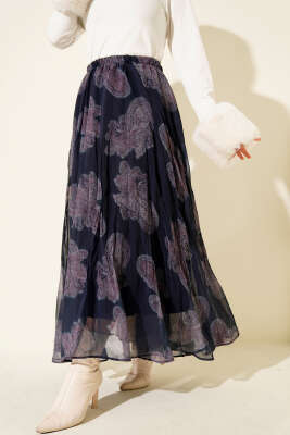 Pazarium - Paisley Desen Şifon Etek Lacivert