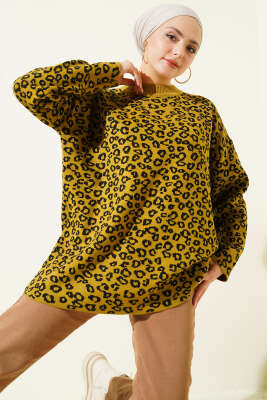 Pazarium - Leopar Desenli Triko Tunik Yağ Yeşili