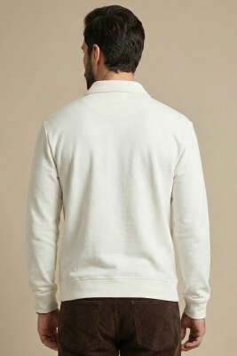 Polo Yaka Yatay Fitilli Erkek Sweatshirt Beyaz - Thumbnail