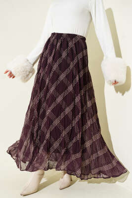 Pazarium - Çizgili Bel Lastikli Şifon Etek Mor