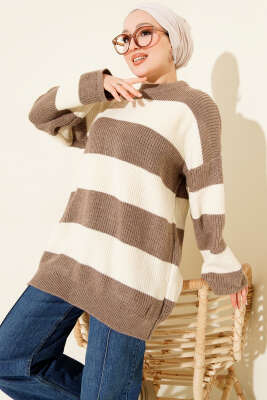 Pazarium - Yatay Kalın Çizgili Triko Tunik Vizon