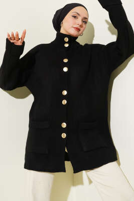 Pazarium - Gold Düğmeli Cepli Triko Hırka Siyah