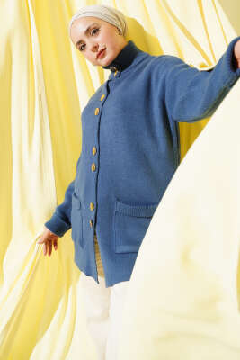 Pazarium - Gold Düğmeli Cepli Triko Hırka İndigo