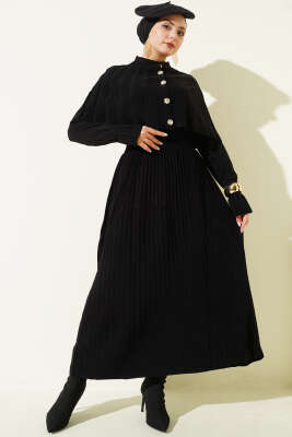 Pazarium - Pelerin Detaylı Düğmeli Triko Elbise Siyah