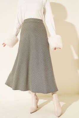 Pazarium - Kazayağı Desenli Etek Siyah