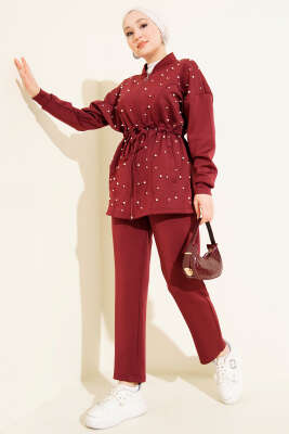 Pazarium - Bel Tünelli İncili Scuba İkili Takım Bordo