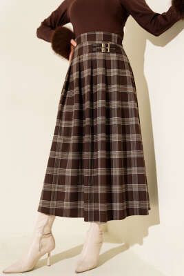 Pazarium - Ekose Desen Pileli Kloş Etek Kahve