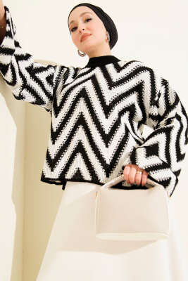 Pazarium - Zigzag Desen Triko Kazak Siyah