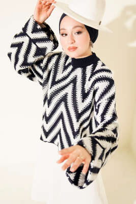 Pazarium - Zigzag Desen Triko Kazak Lacivert