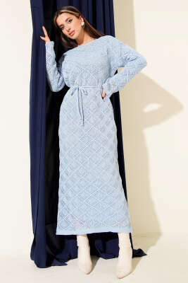 Pazarium - İp Kuşaklı Kare Ajurlu Triko Elbise Bebe Mavi