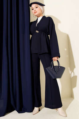 Pazarium - Bel Lastikli Gold Aksesuarlı İkili Takım Lacivert