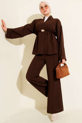 Pazarium - Bel Lastikli Gold Aksesuarlı İkili Takım Kahve