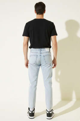 Tapered Fit Erkek Kot Pantolon Mavi Kar - Thumbnail