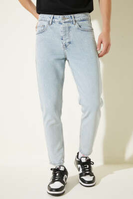 Pazarium - Tapered Fit Erkek Kot Pantolon Mavi Kar