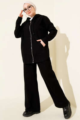 Pazarium - Kapüşonlu Fermuarlı Kot İkili Takım Siyah