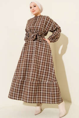 Pazarium - Ekoseli Yaka Düğmeli Elbise Kahve