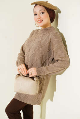 Pazarium - Baklava Kabartma Triko Tunik Vizon