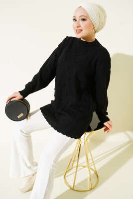 Pazarium - Baklava Kabartma Triko Tunik Siyah