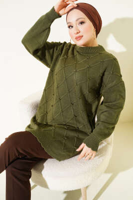 Pazarium - Baklava Kabartma Triko Tunik Haki