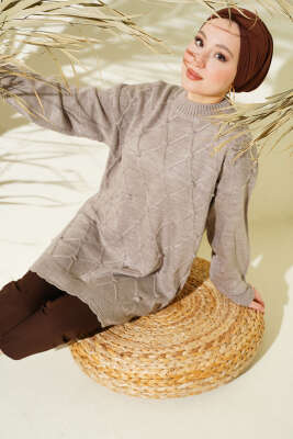 Pazarium - Baklava Kabartma Triko Tunik Bronz